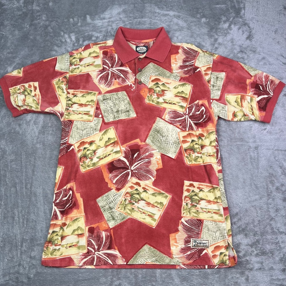 Vintage Tommy Bahama Polo Shirt Mens Medium Red Floral Hibiscus Print Coastal